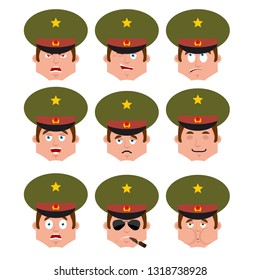 Russian Officer set emoji avatar. sad and angry face. guilty and sleeping. Soldier Smoking cigar emotion face. sick Military in Russia. Illustration for 23 February. 