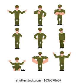 Russian Officer set poses and motion. Soldier happy and yoga. sleeping and angry Military in Russia. guilty and sad. Illustration for 23 February. Defender of Fatherland Day. Army holiday Russian 