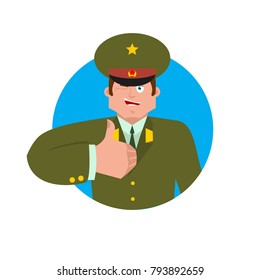 Russian Officer thumbs up and winks. Soldier happy emoji. Military in Russia Joyful. Illustration for 23 February. Defender of Fatherland Day. Army holiday for Russian Federation