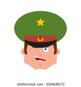 Russian Officer wink emoji. Soldier merry emotions avatar. Joyful Military in Russia. Illustration for 23 February. Defender of Fatherland Day. Army holiday for Russian Federation