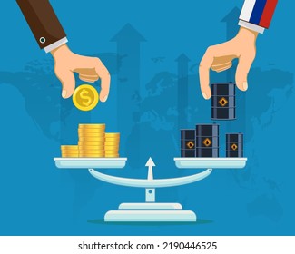 Russian oil in barrels is sold for dollars. World trade in energy resources. Vector illustration