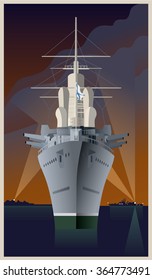 Russian old cruiser. Vector illustration in art deco style.