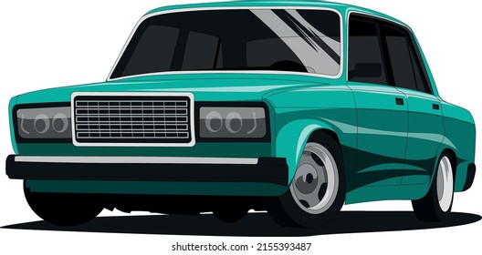 Russian old street racing car, racing team, tuning. Vector illustration for sticker, poster or badge