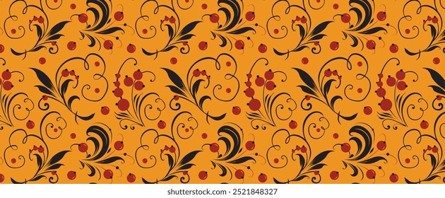 Russian old style ornament Hohloma in red and gold colors seamless pattern. Vector Floral slavic traditional decoration motive. For cards, fabric, textiles, clothing, packaging.