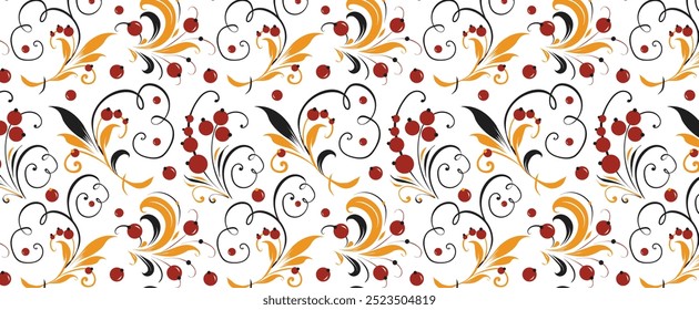 Russian old style ornament Hohloma in red and gold colors seamless pattern. Vector Floral slavic traditional decoration motive. For cards, fabric, textiles, clothing, packaging.