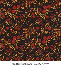 Russian old style ornament Hohloma in gold and red colors seamless pattern. Vector Floral slavic traditional decoration motive. For cards, fabric, textiles, clothing, packaging.