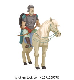 Russian old warrior with bow sitting on horse. Knight with helmet on horseback. Characters of Slavic tales. Isolated on white background. Flat style vector cartoon illustration.