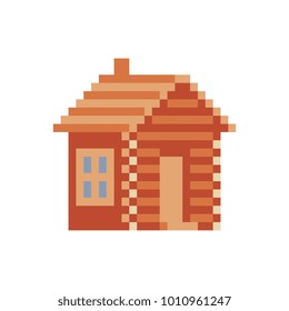 Russian old wooden house. Pixel art. Sticker design. Isolated vector illustration.