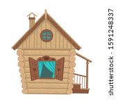 Russian old wooden house. Traditional hut from fairytales. National Folk home. Isolated on white background. Flat style vector cartoon illustration.