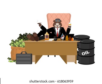 Russian oligarch sits at table and drinks whiskey. To smoke cigar. Rich man and bag of money. Businessman from Russia. Lot of cash. Office of moneybags. barrel of oil