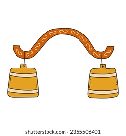 Russian orange yoke with wooden yellow buckets. Old device rocker for fetching water in village. Life in the countryside, Russian culture. Colorful vector isolated illustration hand drawn doodle