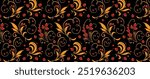 Russian ornament Hohloma in red and gold colors seamless pattern. Vector Floral slavic traditional decoration motive. For cards, fabric, textiles, clothing, packaging.