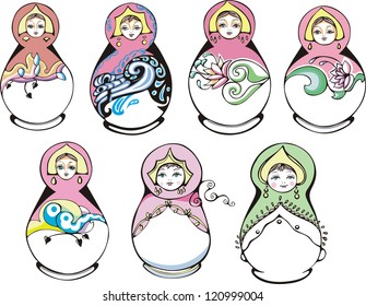 Russian ornamental matryoshka. Set of vector illustrations.