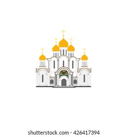 Russian Orthodox Cathedral Church flat illustration. Vector icon. Church,  castle,  temple. Russian cathedral. Russian religion symbol. Orthodox vector icon