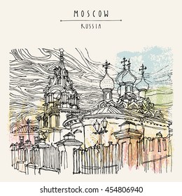 Russian Orthodox church in Moscow, Russia. Travel sketch. Vintage artwork. Hand drawn artistic travel postcard or poster template, calendar or book illustration in vector