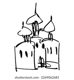 Russian Orthodox temple. Hand drawn linear doodle rough sketch. Black silhouette on white background. Isolated vector illustration.