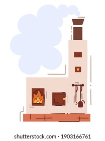 Russian oven with poker, smoke above chimney - simple hand drawn picture. Traditional slavic stove in cartoon style. Simple isolated vector on white background. Bubble speech with copy space