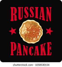 Russian pancake with red caviar on black background, red lettering, illustration, vector