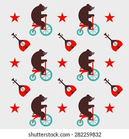Russian pattern with bear and a balalaik, red star. Russian symbol. For t-shirt or other uses. Vector set of colorful traditional culture russian icons in flat style. Print. packaging paper