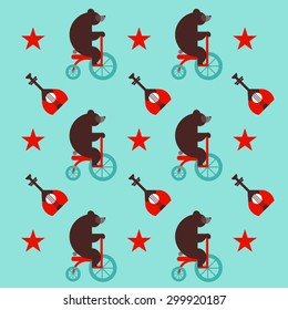 Russian pattern with bear and a balalaik, red star. Russian symbol. For t-shirt or other uses. Vector set of colorful traditional culture russian icons in flat style. Print. packaging paper