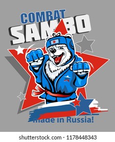 Russian polar bear wrestler in blue tracksuit  isolated on background. Vector illustration. Combat wrestling.