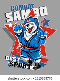 Russian polar bear wrestler in blue tracksuit  isolated on gray background. Vector illustration. Combat wrestling.