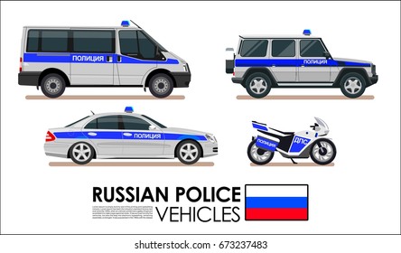 Russian Police Car Vehicles, Police Van, Police Motorcycle vector transportation set
