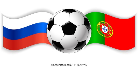 Russian and Portuguese wavy flags with football ball. Russia combined with Portugal isolated on white. Football match or international sport competition concept.