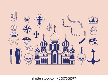 Russian prison tattoo set. Russia criminal symbol. Church and skull. Cross and chain. Barbed wire and crown. Thief stars. sign Prisoner mafia tattooing. 