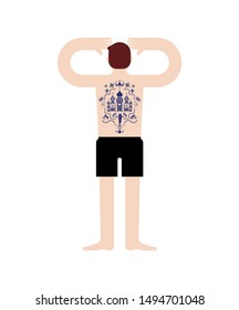 Russian prisoner with tattoo. Russia criminal guy mafia. Church and skull. Cross and chain. Barbed wire and crown. Thief stars.