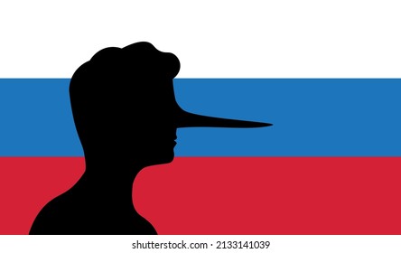 
Russian Propaganda, False News, Fakes, Disinformation, On The Background Of The Russian Flag Silhouette Of A Face With A Long Nose