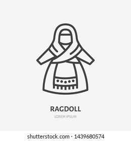 Russian rag doll flat line icon. Vector thin sign of traditional ragdoll, folk logo. Handmade textile toy outline illustration.