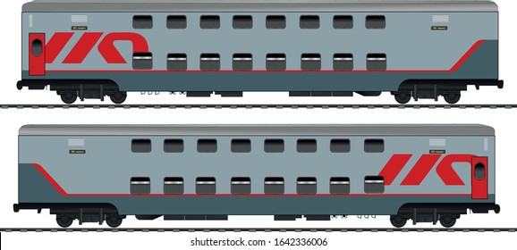 Russian Railway carriage.Double-decker Passenger train cars. Text in russian: Route. Vector.