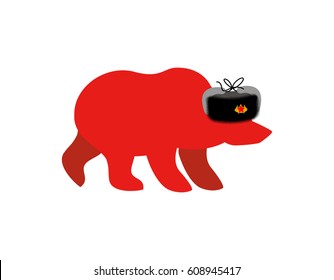 Russian Red Bear In Fur Hat. Communist Red Symbol In USSR. Russia National Wild Animal
