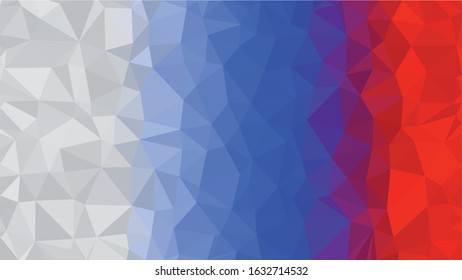 Russian Red Blue White Low Poly Vector Texture. Flag of Russia - Tricolor. Polygonal Horizontal Stripes with Gradient. Crystal Like Faceted Geometric Background. Gemstone Imitation Texture.