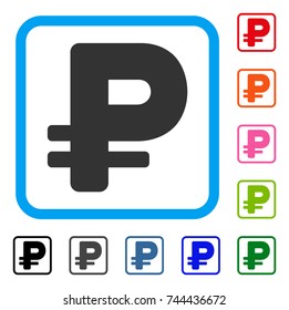 Russian Rouble icon. Flat gray pictogram symbol inside a blue rounded rectangular frame. Black, gray, green, blue, red, orange color additional versions of Russian Rouble vector.