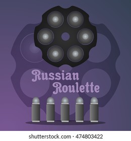 Russian roulette on purple gradient background. Game of death. Concept banner for website or design project. Vector illustration.
