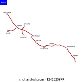 Russian route R-217 Caucasus. Highway Krasnodar - Azerbaijan. Road map of Russia