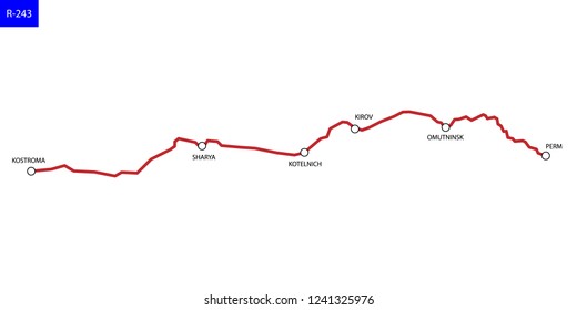 Russian route R-243. Highway Kostroma - Perm. Road map of Russia
