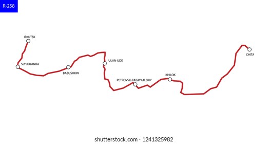 Russian route R-258 Baikal. Highway Irkutsk - Chita. Road map of Russia