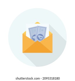 Russian Ruble Banknotes in envelope. Flat style opened envelope with cash. Salary payout or corruption concept.