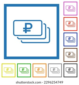 Russian Ruble banknotes outline flat color icons in square frames on white background