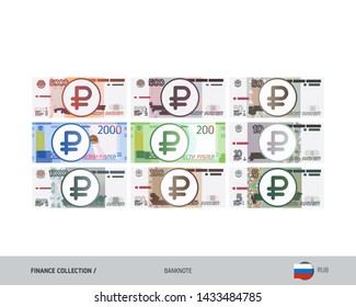 Russian Ruble Banknotes set. Flat style highly detailed vector illustration. Isolated on white background. Suitable for print materials, web design, mobile app and infographics. 