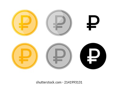 Russian ruble. Coin icons isolated. Vector set of golden, silver and monochrome rouble symbols on white background. Flat design elements.