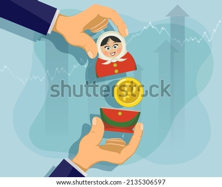 Russian ruble coin inside a matryoshka doll. Vector illustration