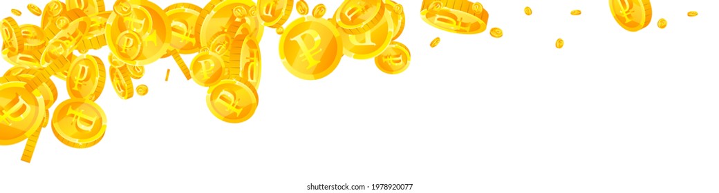 Russian ruble coins falling. Bizarre scattered RUB coins. Russia money. Sublime jackpot, wealth or success concept. Vector illustration.