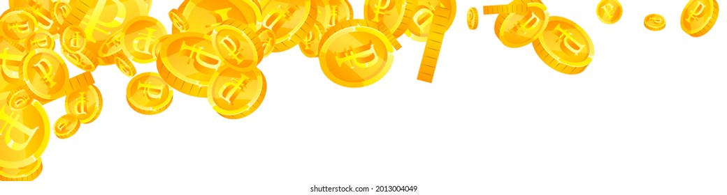 Monedas rusas de rublos cayendo. Monedas de RUB dispersas bizarras. Dinero ruso. Un espléndido pozo, riqueza o concepto de éxito. Ilustración vectorial.