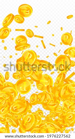 Russian ruble coins falling. Positive scattered RUB coins. Russia money. Terrific jackpot, wealth or success concept. Vector illustration.