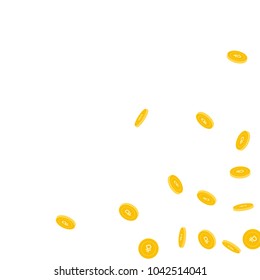 Russian ruble coins falling. Scattered sparse RUB coins on white background. Attractive scattered bottom right corner vector illustration. Jackpot or success concept.