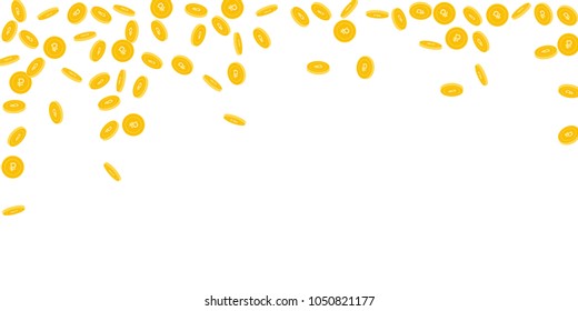 Russian ruble coins falling. Scattered sparse RUB coins on white background. Sublime falling rain vector illustration. Jackpot or success concept.